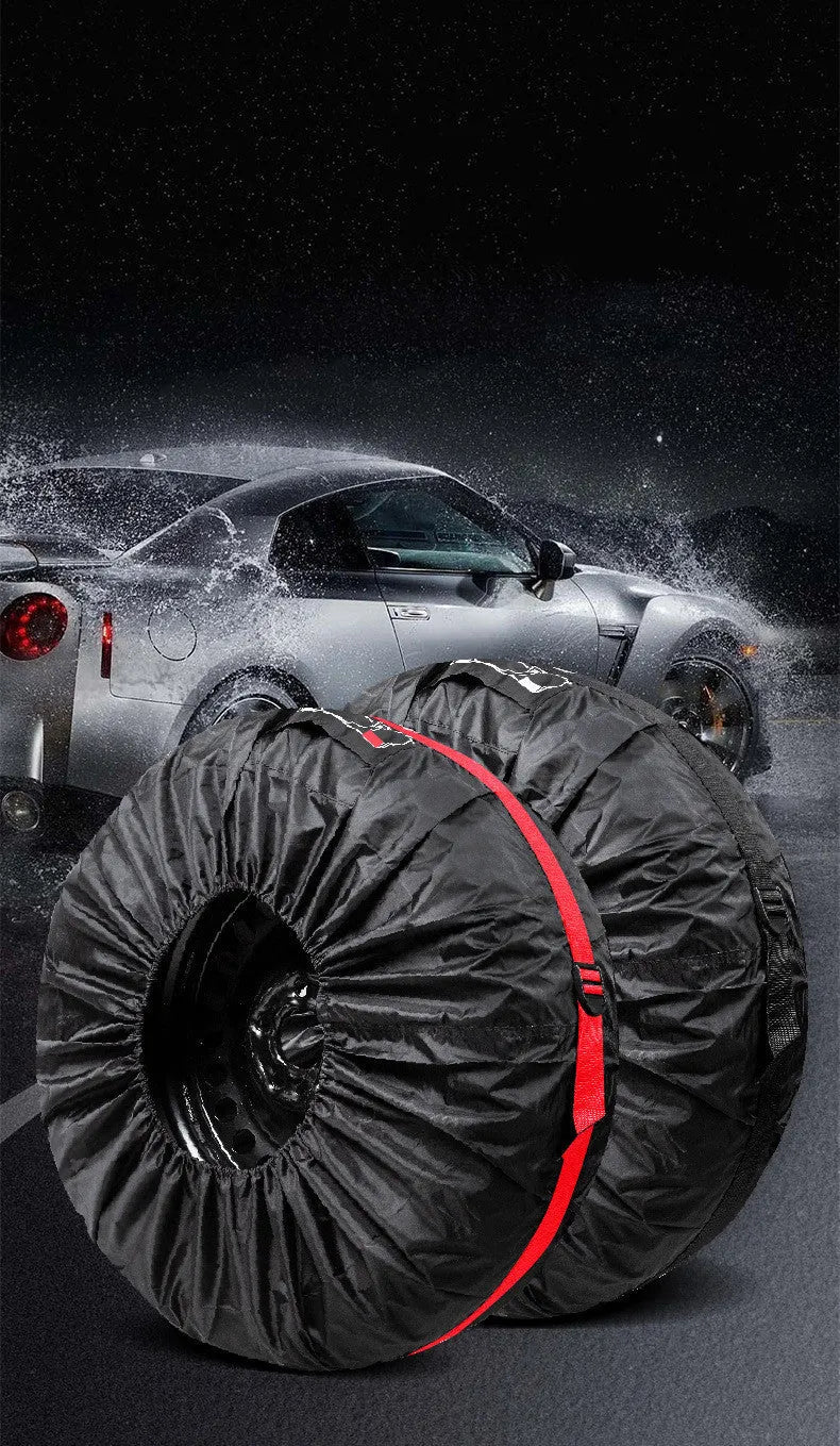 Set of four Oxford cloth 210D polyester car tyre protective covers with belt closure in black or red styles