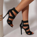 Women's super high heel sandals with back zipper in elastic fabric, available in black, khaki, and cream-white