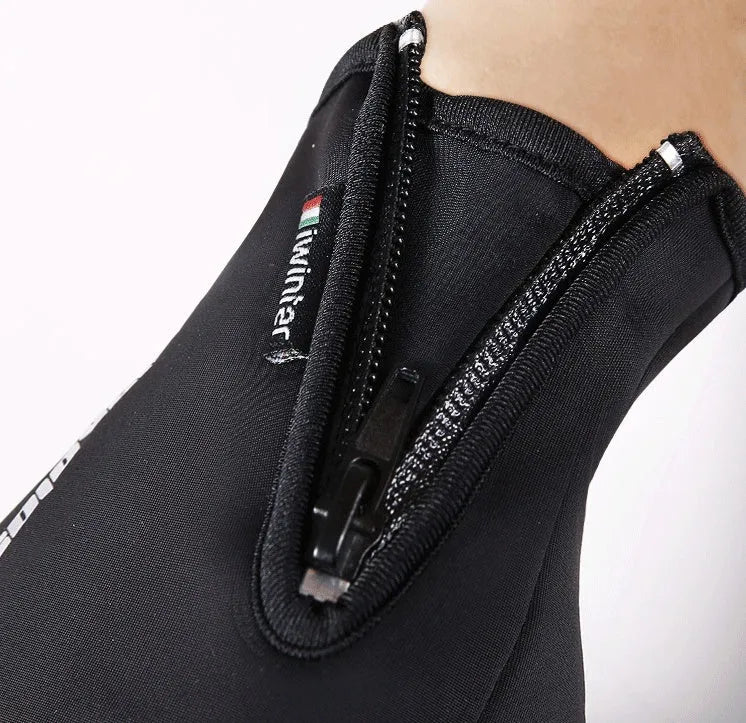 Pair of insulated mittens in black, grey, blue, and pink made from fleece and diving cloth