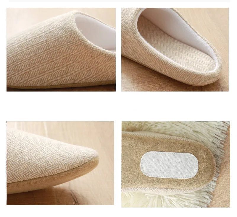 Men's cotton black indoor slippers with anti-skid sole on a home floor
