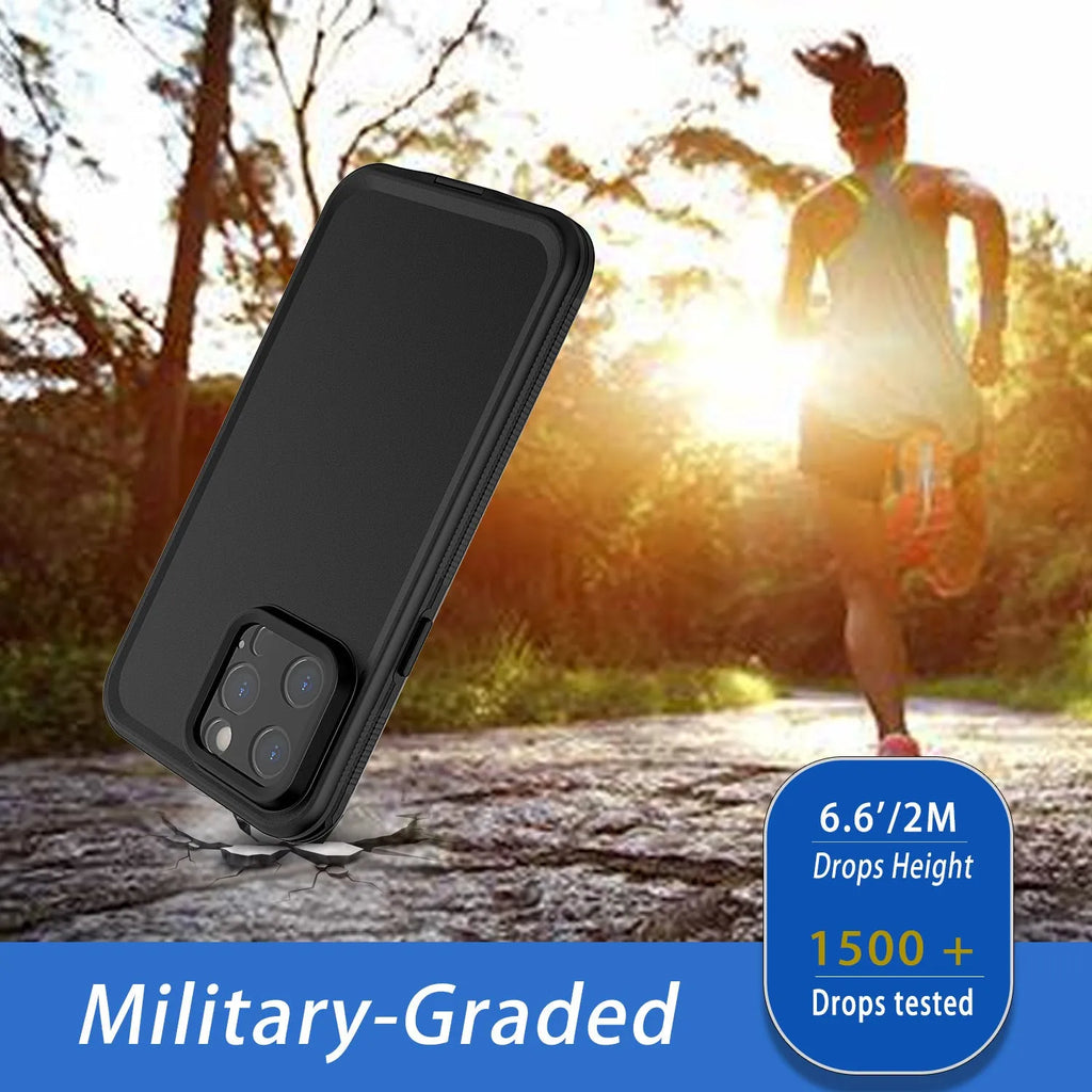Black waterproof magnetic suction protective iPhone case for iPhone 15 Pro Max shown on a phone with a frosted finish.