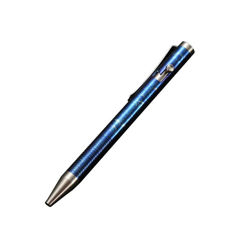 Titanium alloy bolt action ballpoint pen with magic colour phantom finish showing gun bolt handle detail.