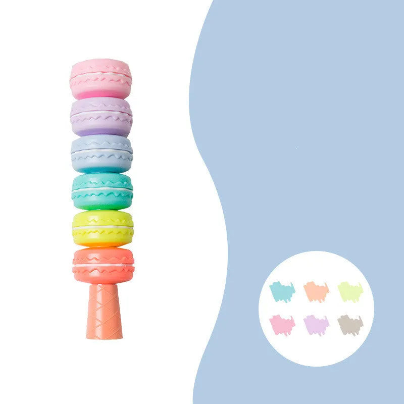 Set of six detachable fluorescent highlighter pens in pastel macaron colours, showing adjustable tip.