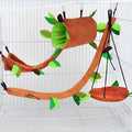 Plush toy hamster tree with round swing and triangle hammock attached to cage via metal buckle