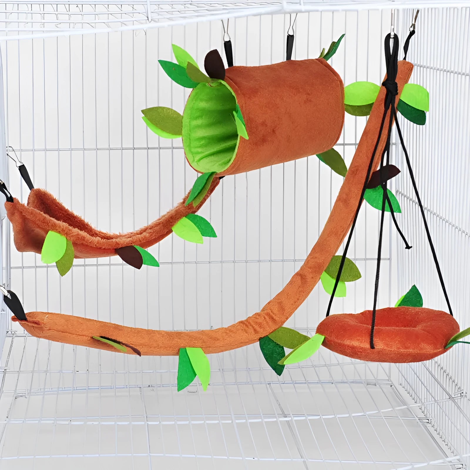 Plush toy hamster tree with round swing and triangle hammock attached to cage via metal buckle