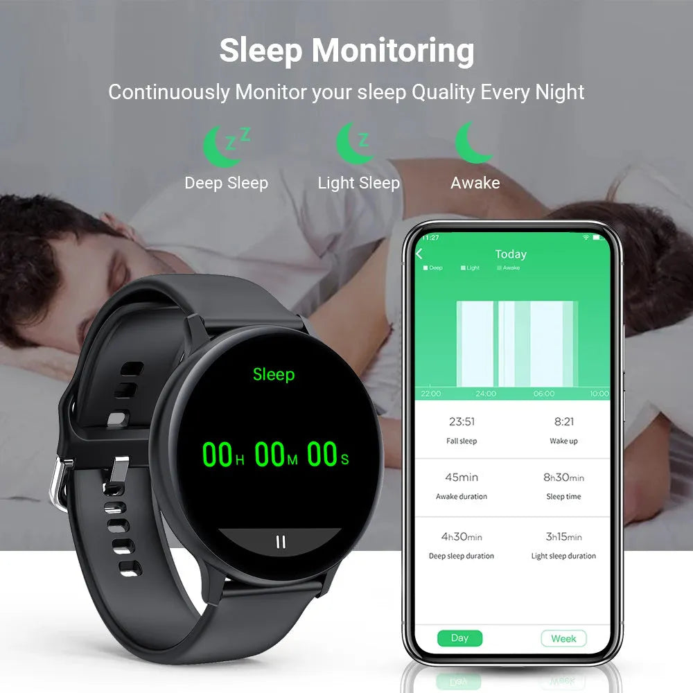 Smart bracelet sports watch with touch screen display on a wrist strap.