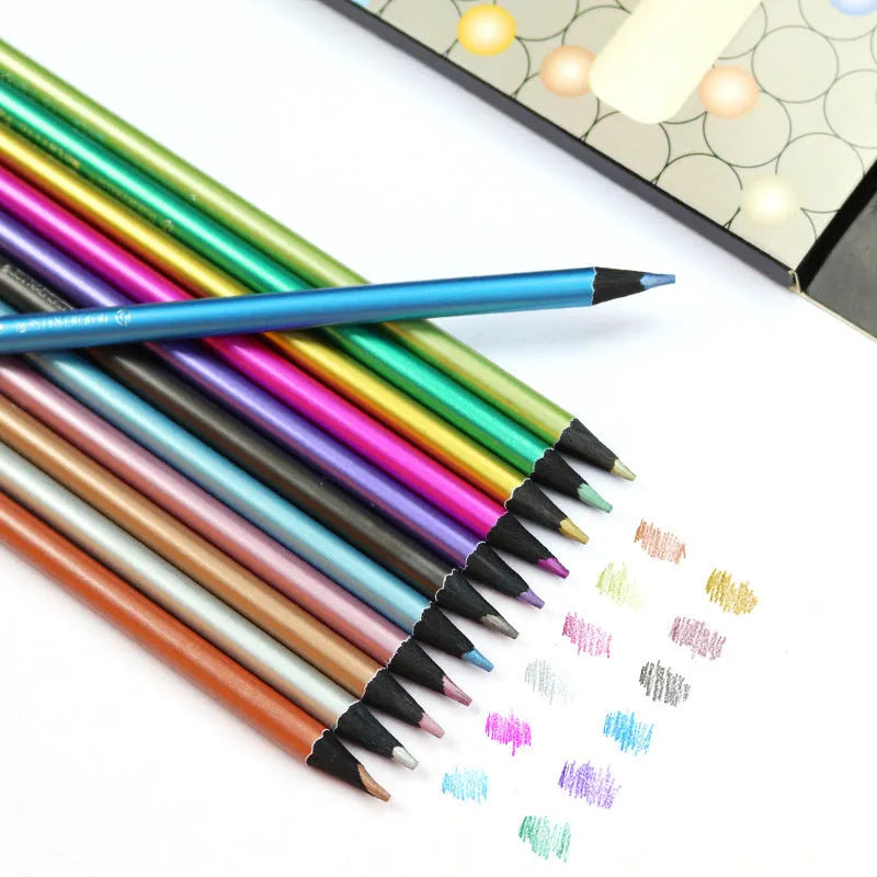 12-color metallic coloured pencils in a box with wood casing and 2B lead core