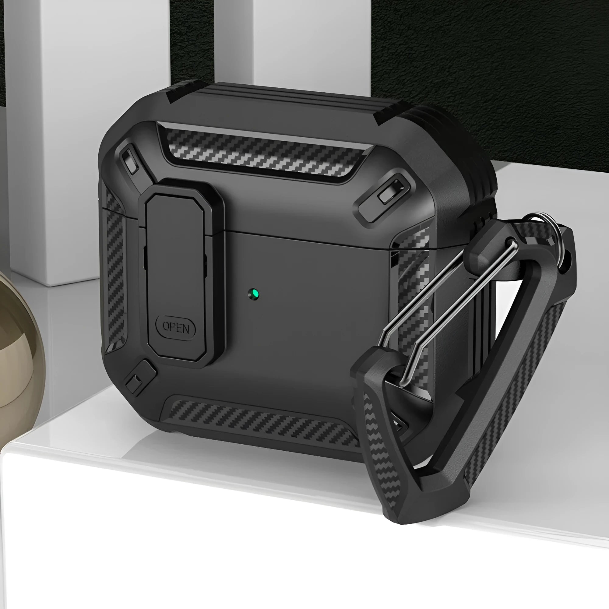 Two-tone plastic clamshell protective case for AirPods with hook clip attachment in multiple colour options