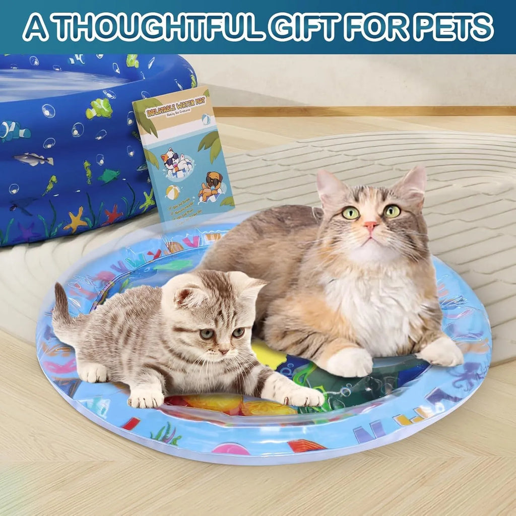 Thickened PVC water playmat for cats and dogs on a floor, showing floating fish toys inside.