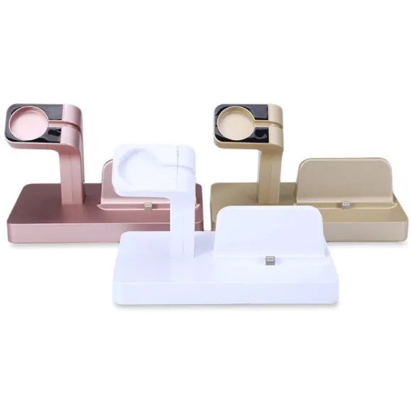 White Apple iPhone and Watch 2-in-1 charging dock station on wooden desk