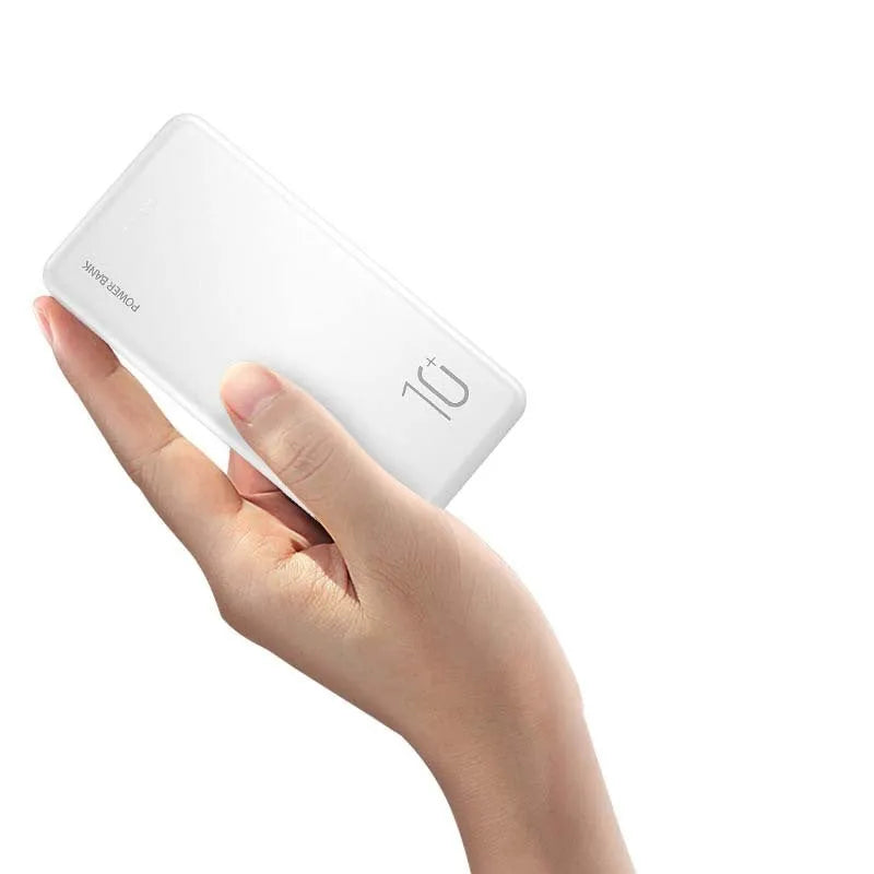 Ultra-thin 10000mAh power bank in black with multi-U port output on a white background