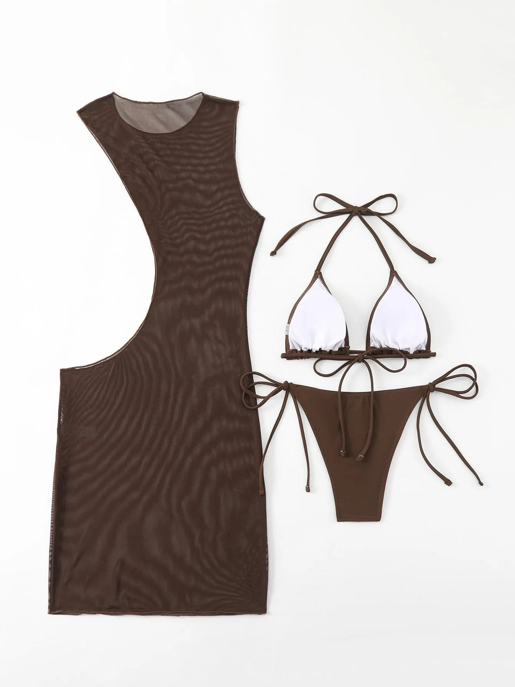 Brown solid colour women's three-piece bikini set with bra, shorts, and blouse