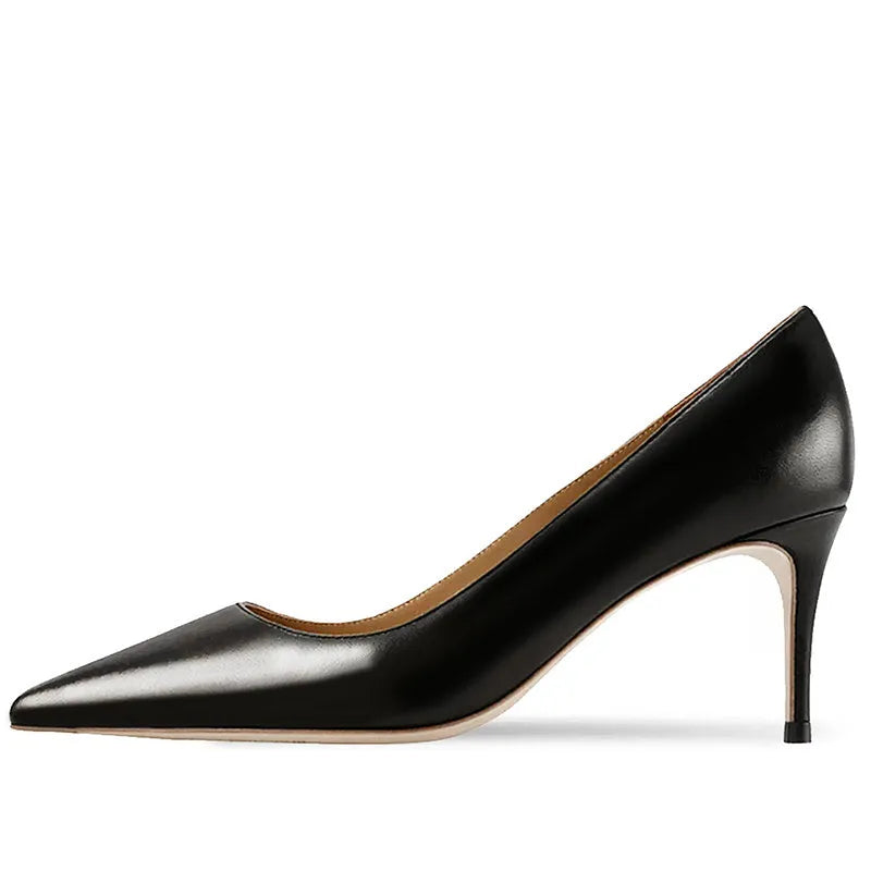 Women's high-heeled pointed toe shoes with soft sole construction in black and skin tones