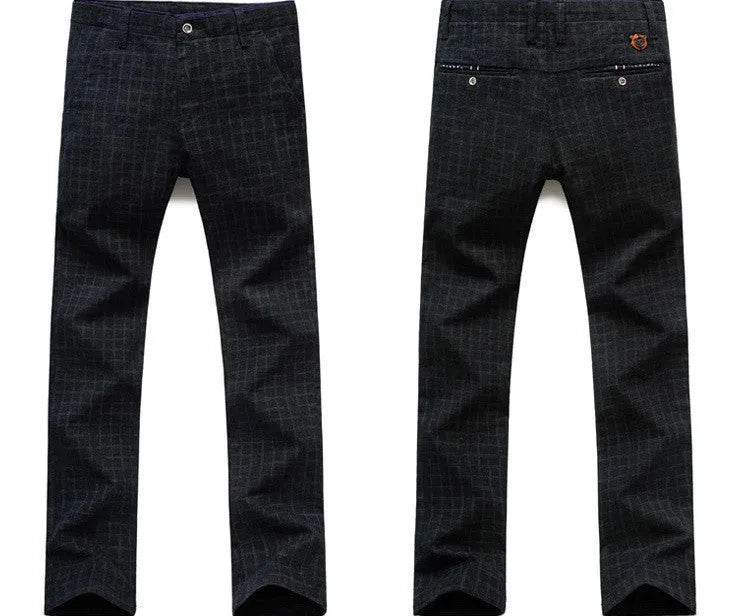Men's plaid cotton and linen straight trousers in Black or Blue, Asian sizes 28 to 38, straight-leg cut.