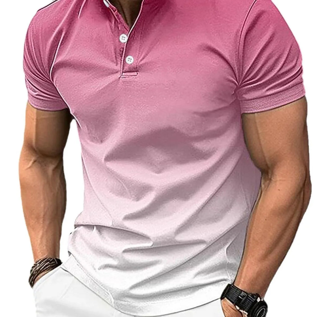 European American stand collar gradient golf short sleeve t-shirt in gray with mosaic colour block detail