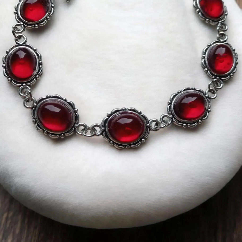 Dark red glass bracelet with bat motif, electroplated alloy, unisex British Retro style, AQ6164 AQ6165 options