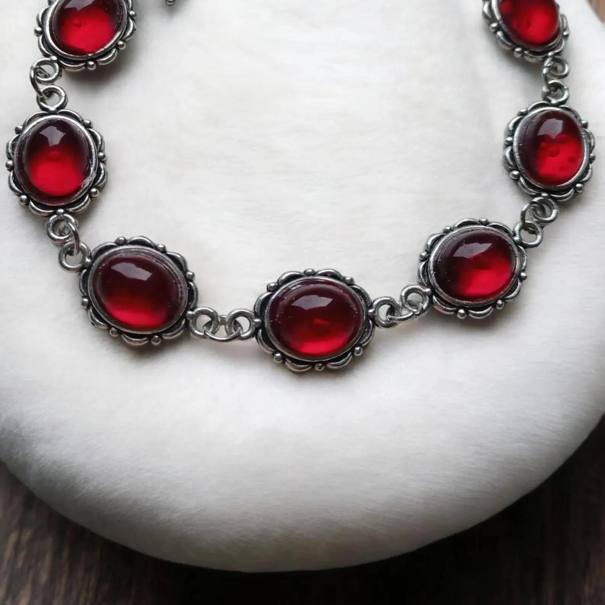 Dark red glass bracelet with bat motif, electroplated alloy, unisex British Retro style, AQ6164 AQ6165 options
