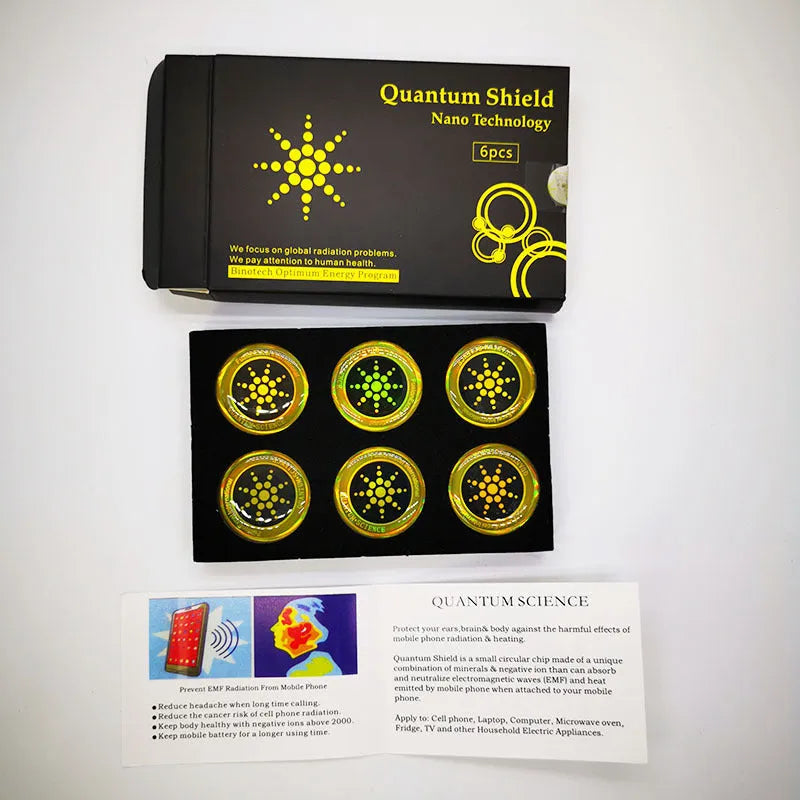 Six mobile phone anti-radiation stickers in gold and silver colours for electromagnetic protection