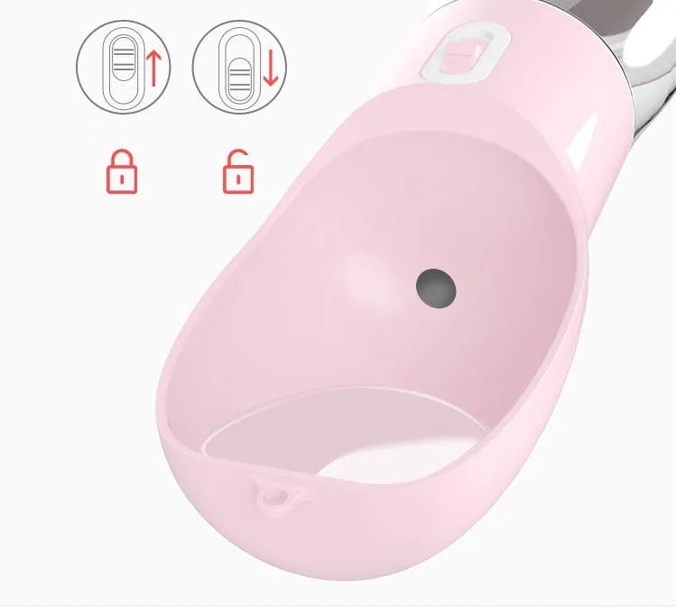 Portable dog water dispenser with 258ml capacity and food container in pink, for outdoor walking and travel