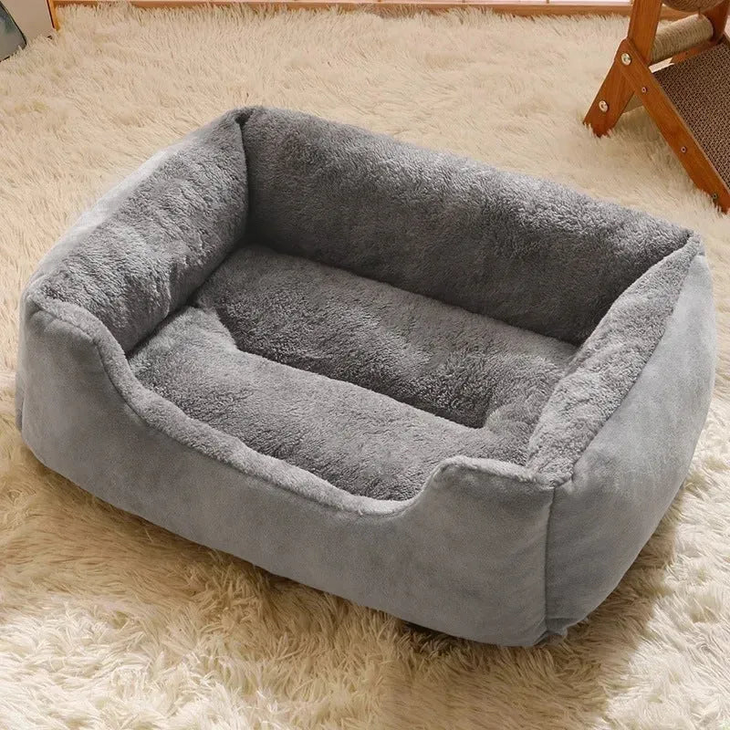 Short plush cat bed cushion shown in multiple sizes and colour options including black, coffee, grey, green and pink