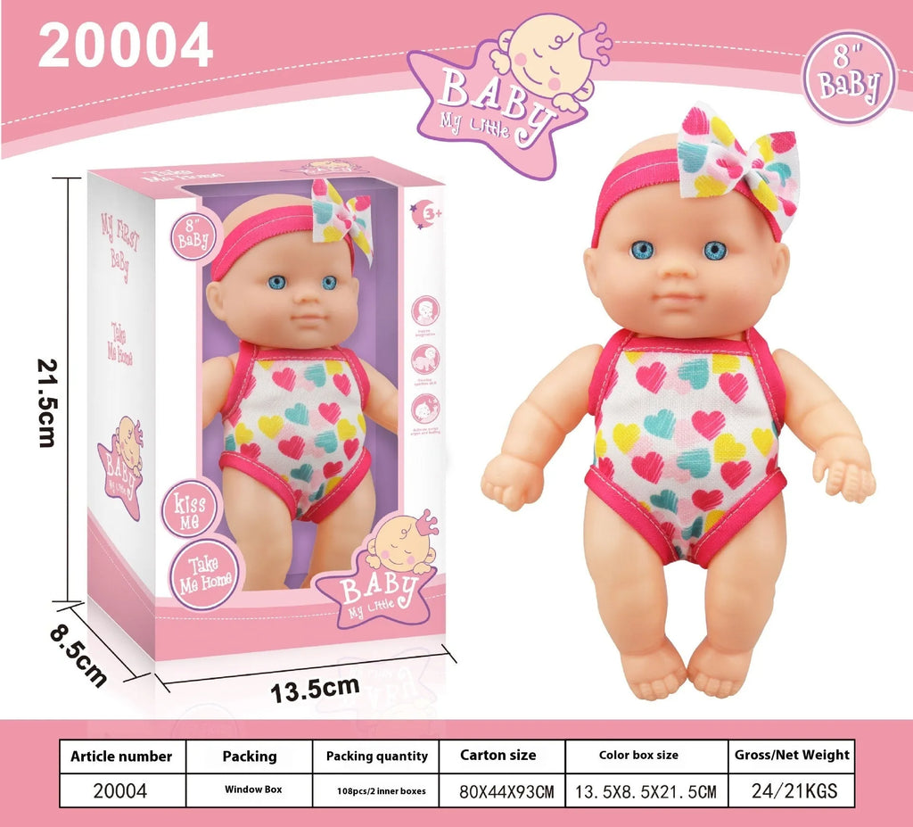 Simulation baby vinyl figurine doll measuring 21.5cm tall, displayed in one of six available colour finishes.