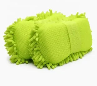 Silvery green rectangular car wash sponge measuring 14 by 25 centimetres with textured chenille surface