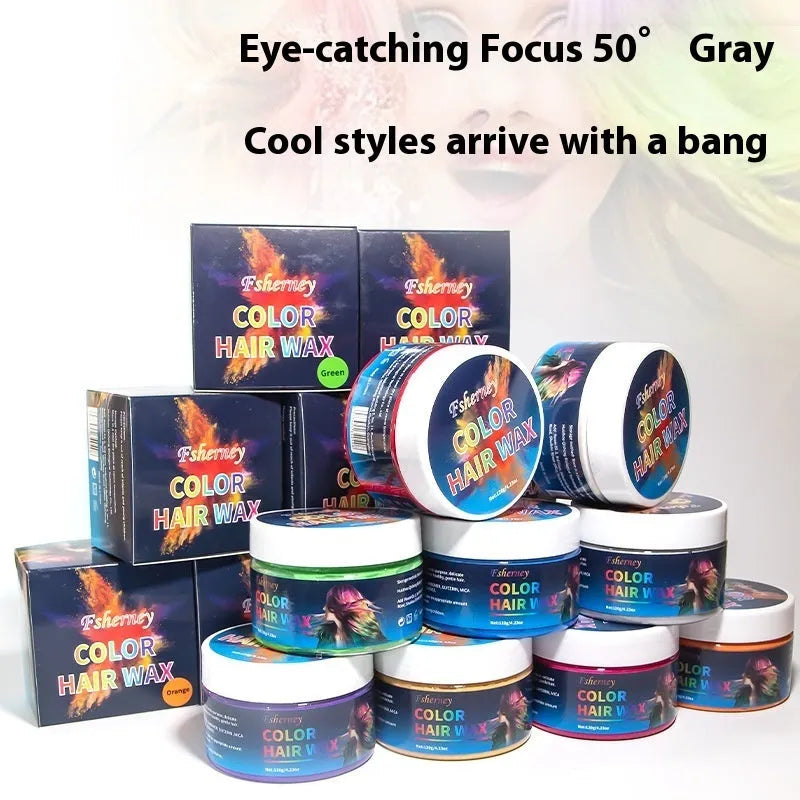 120g hair styling clay pot in one of nine colours: white, orange, red, yellow, blue, green, purple, rose, or granny grey