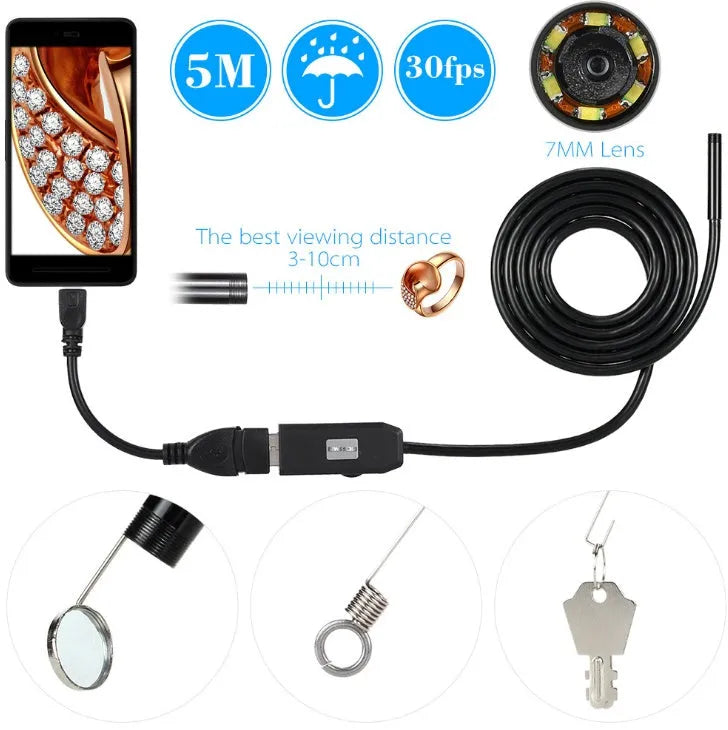 OWSOO USB endoscope camera with 7mm lens, 5m waterproof cable and attachments including hook and magnet