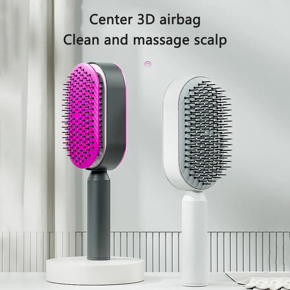 Self-cleaning hair brush with air cushion bristles in black gold, white, or purple colours