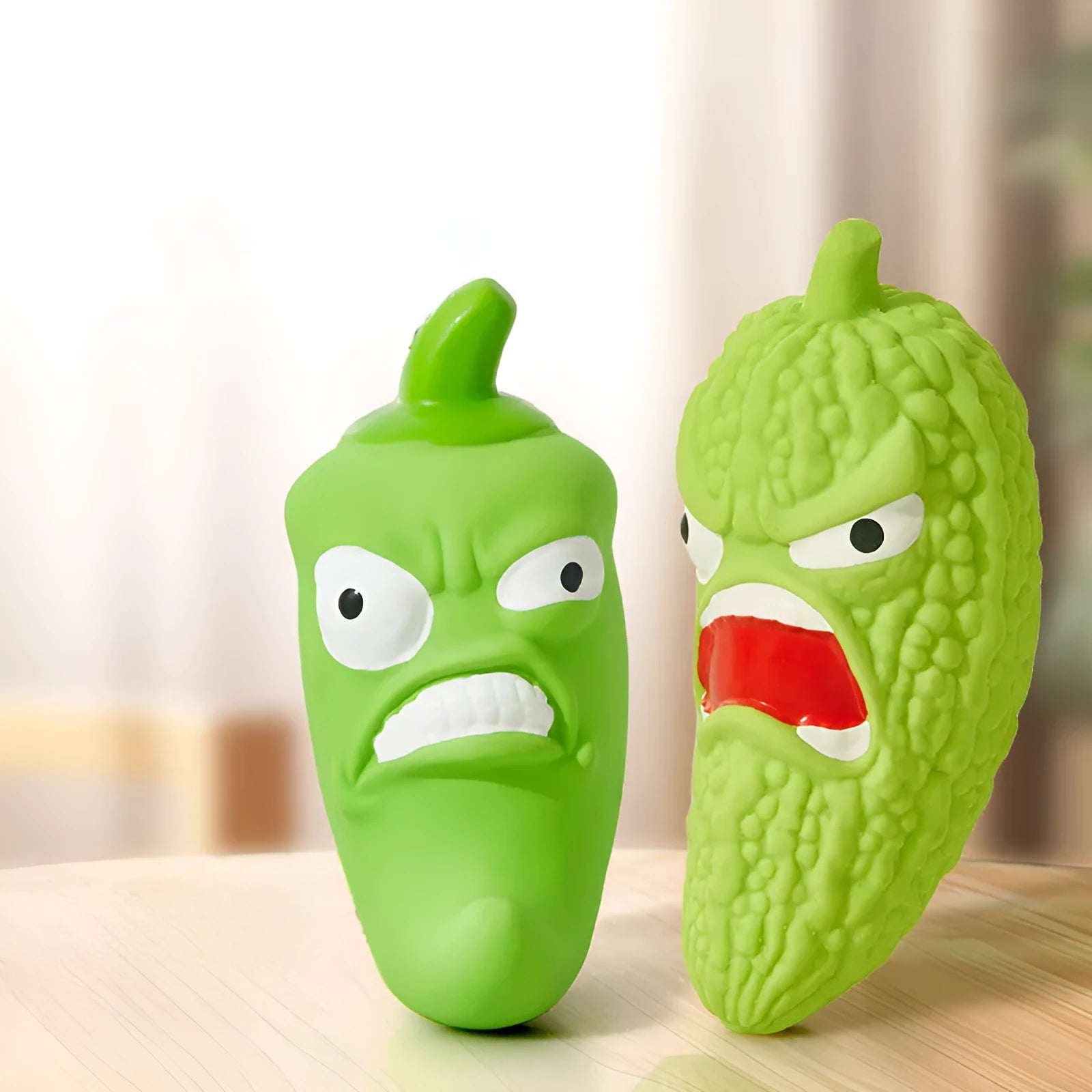Bitter gourd and chili shaped dog chew toys for teeth grinding and dental cleaning