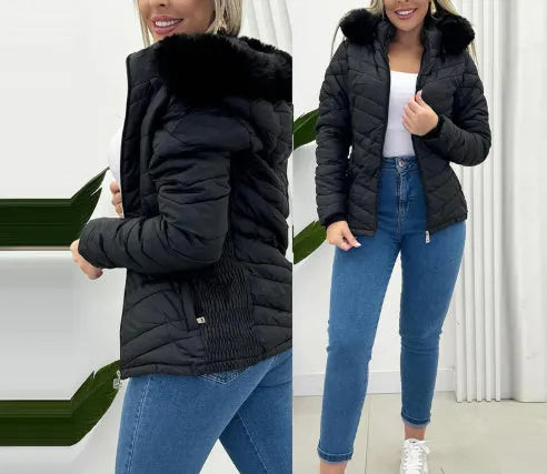Cinched hoodie with fur collar short jacket in black polyester cotton, long sleeves, commuting style
