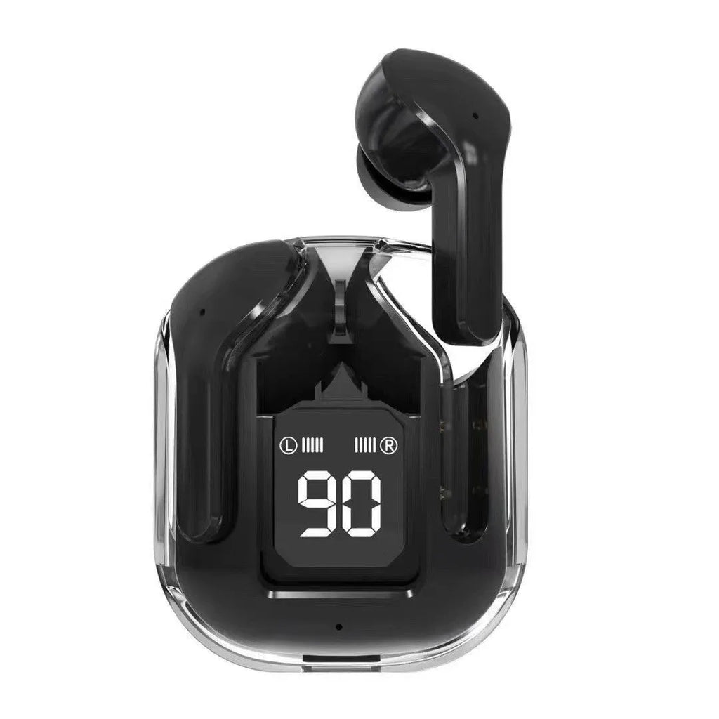 Transparent case true wireless Bluetooth headphones showing digital display and multiple colour options