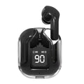 Transparent case true wireless Bluetooth headphones showing digital display and multiple colour options