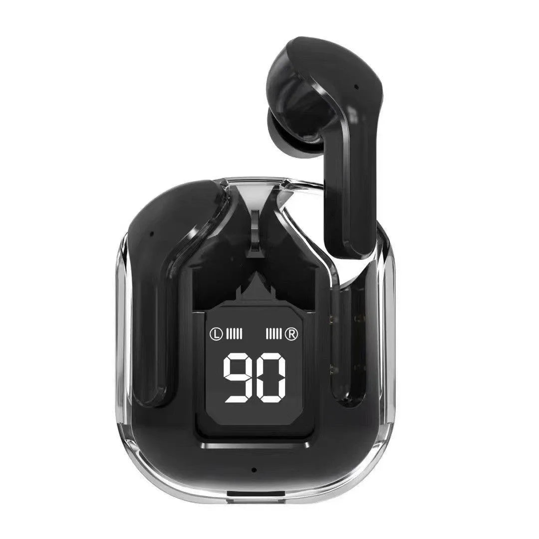 Transparent case true wireless Bluetooth headphones showing digital display and multiple colour options