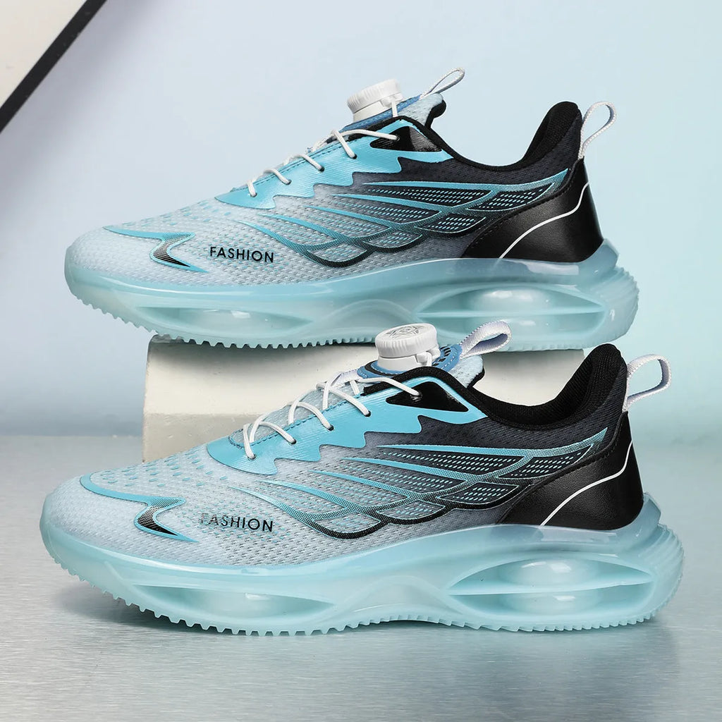 Casual running shoes with breathable PU mesh upper in sky blue, black gold, or white colours with rubber sole