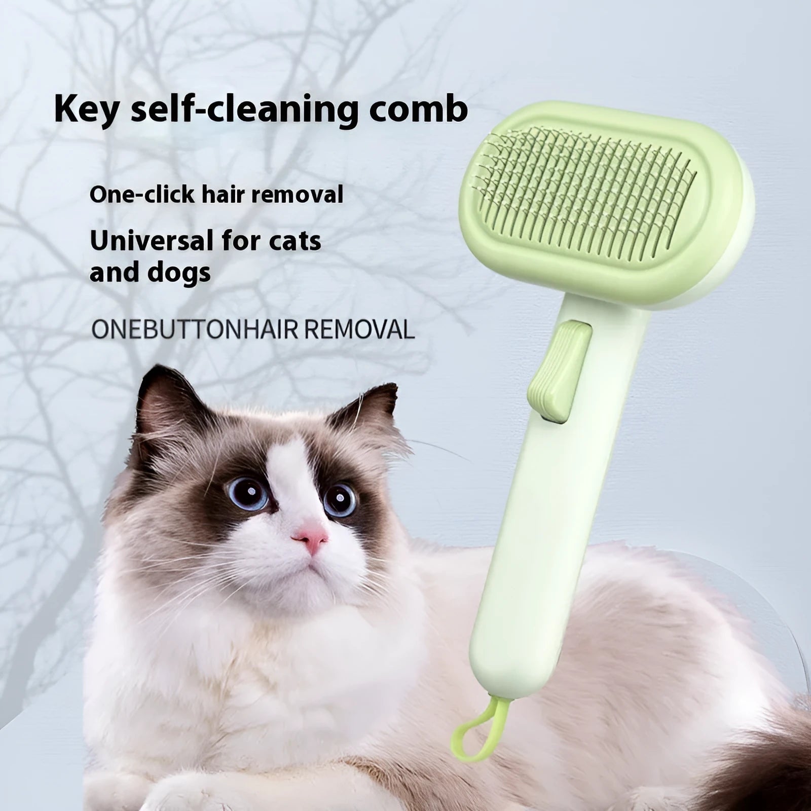 Large light grey pet hair removal comb with floating teeth and a one-click shaver head for cats and dogs.