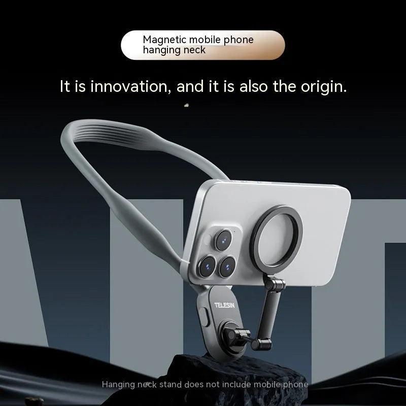 Grey silicone magnetic phone neck mount showing phone attached vertically with anti-release safety rope
