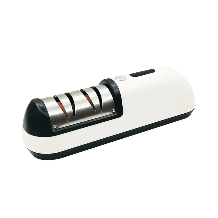 Rechargeable electric knife sharpener with ABS stainless steel body, USB charging port, compact size 20x6.3x7cm, black colour