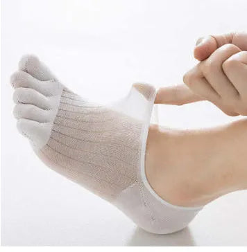 Modal cotton five-finger boat socks in black, shown as a pair laid flat to detail the individual toe design.