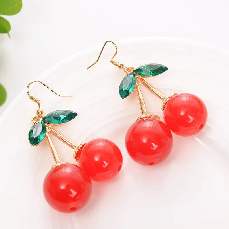 Red plastic cherry earrings with drip oil finish, large size for women