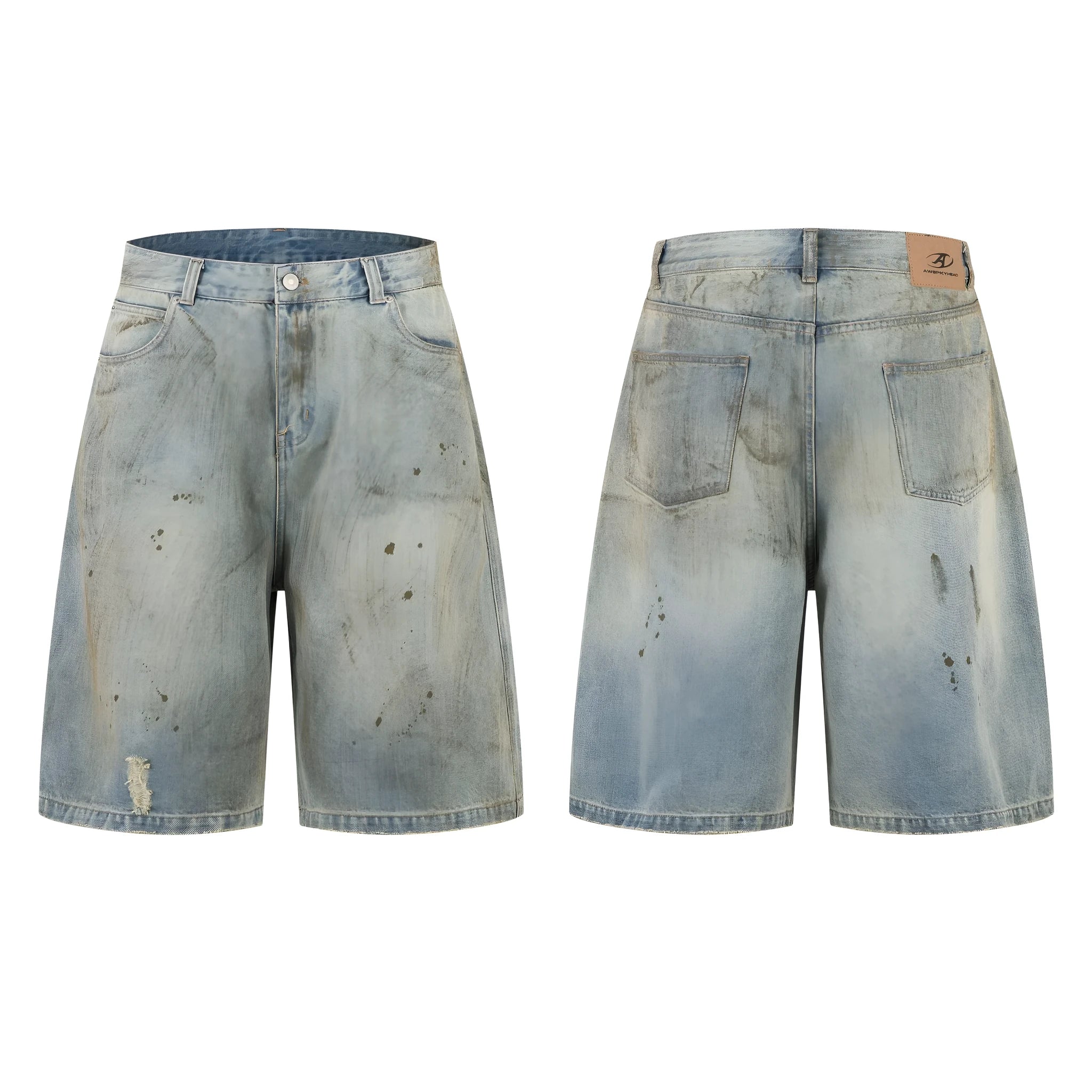 Blue washed straight-leg cropped denim jeans with zipper fly on mannequin