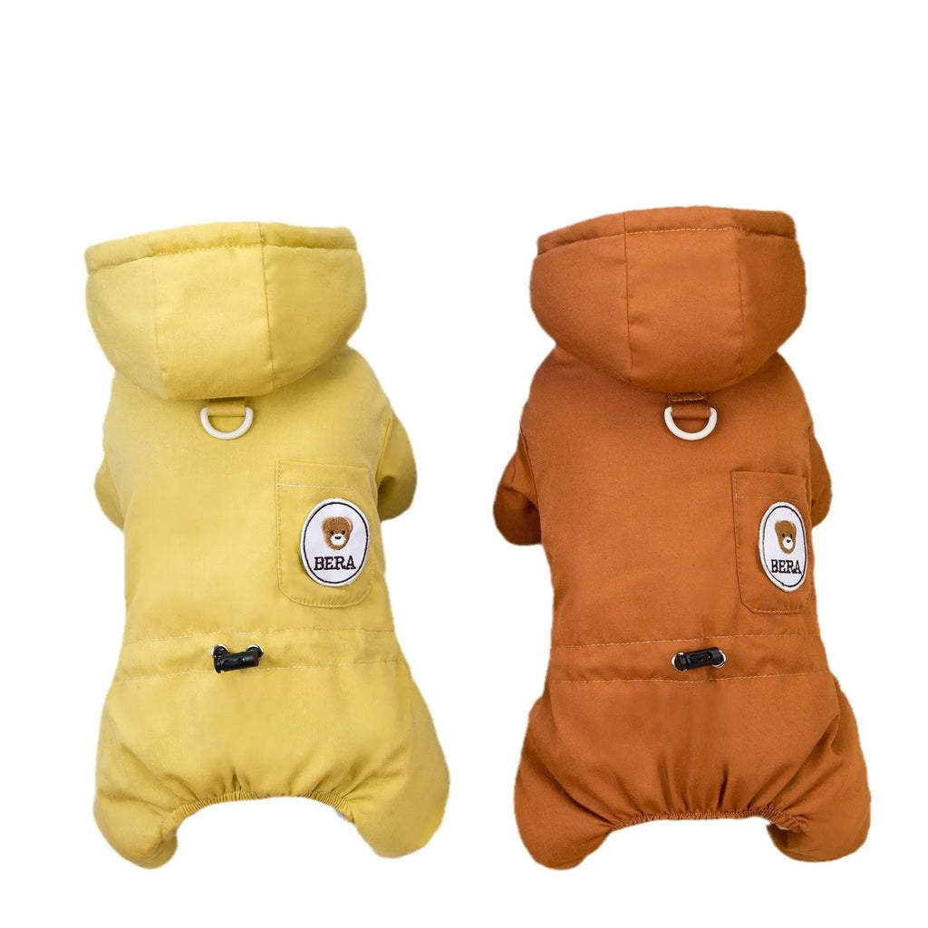 Casual polyester dog clothing in brown for autumn and winter wear, available in sizes S to XXL.