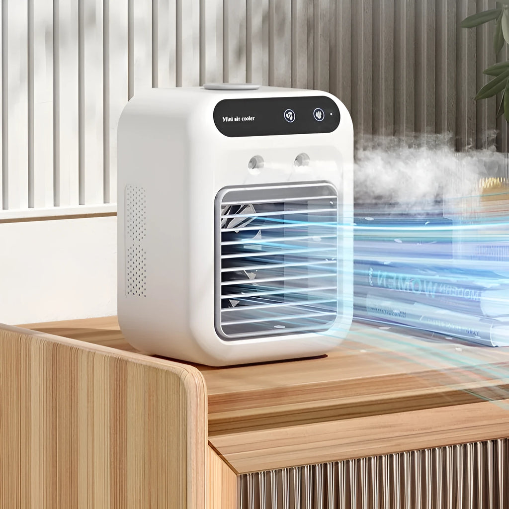 Compact ivory white portable USB air cooler with touchscreen display on a desk.