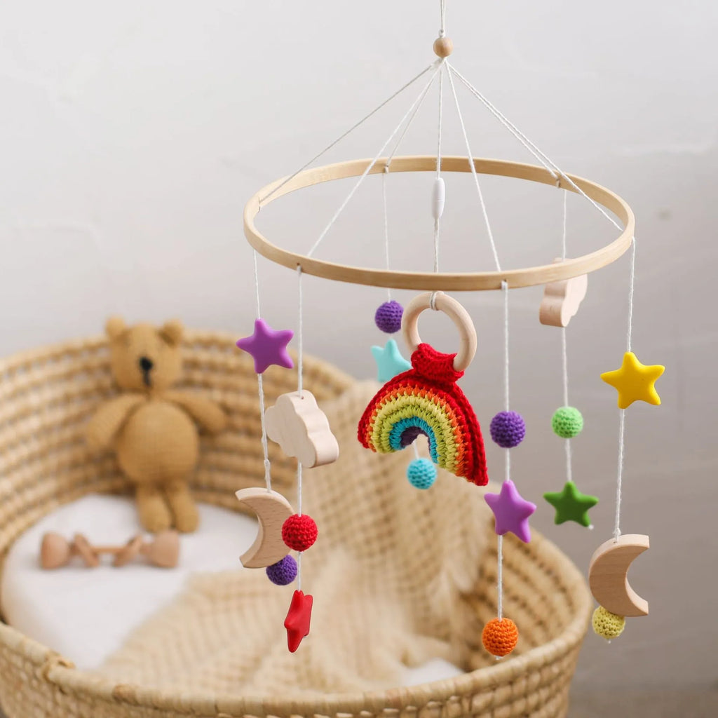 Wooden baby car hanging wind chime with crochet bed bell in moon, rainbow, sun or rocket options