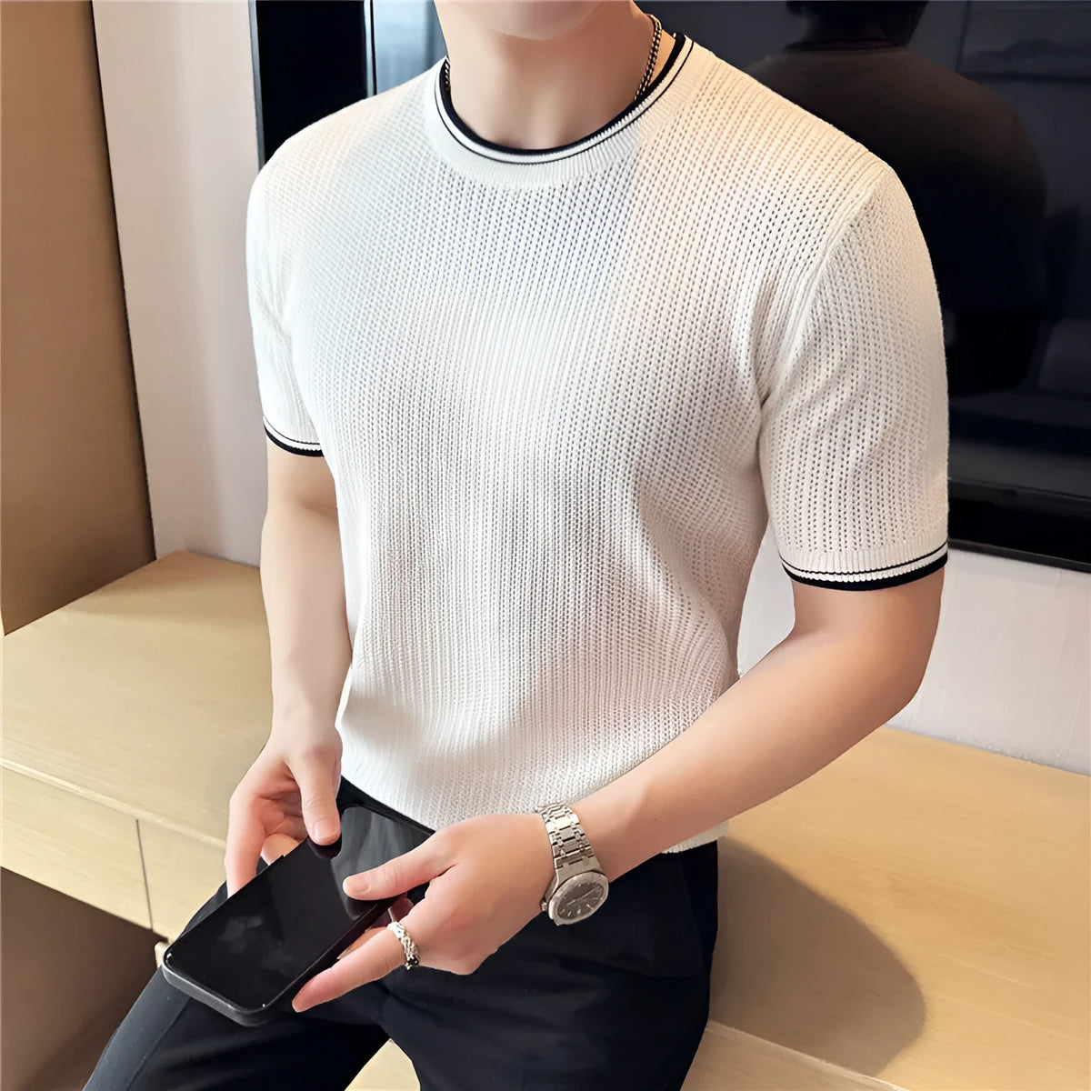 Men's round neck contrast colour stretch knitted t-shirt, short sleeve summer top in white, black or brown