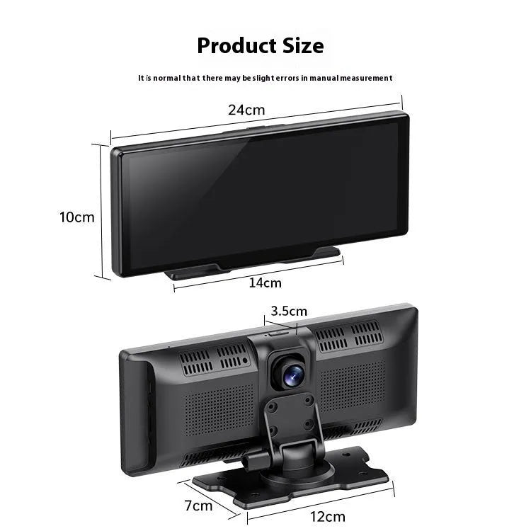 10 inch car touch screen with Carplay display showing navigation and driving recorder footage.