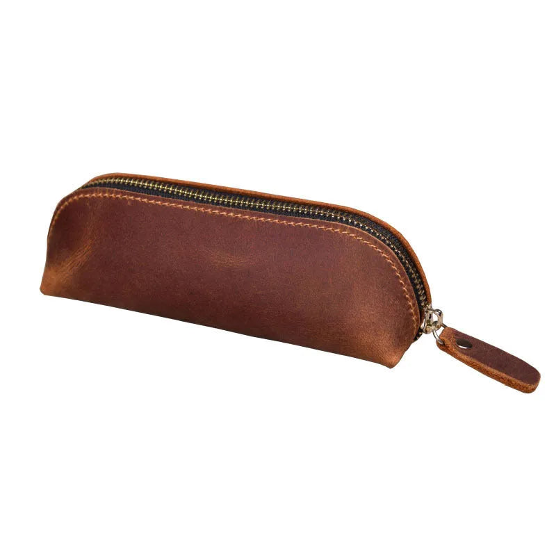 Square handmade cowhide leather pencil case with zipper in black, brown, dark brown, or yellow.