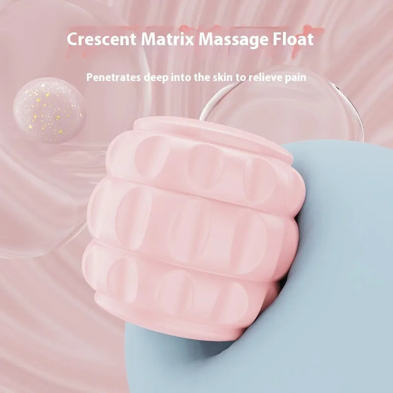 A handheld leg massage roller with double-row wheels in a choice of five colours including coral pink and green.