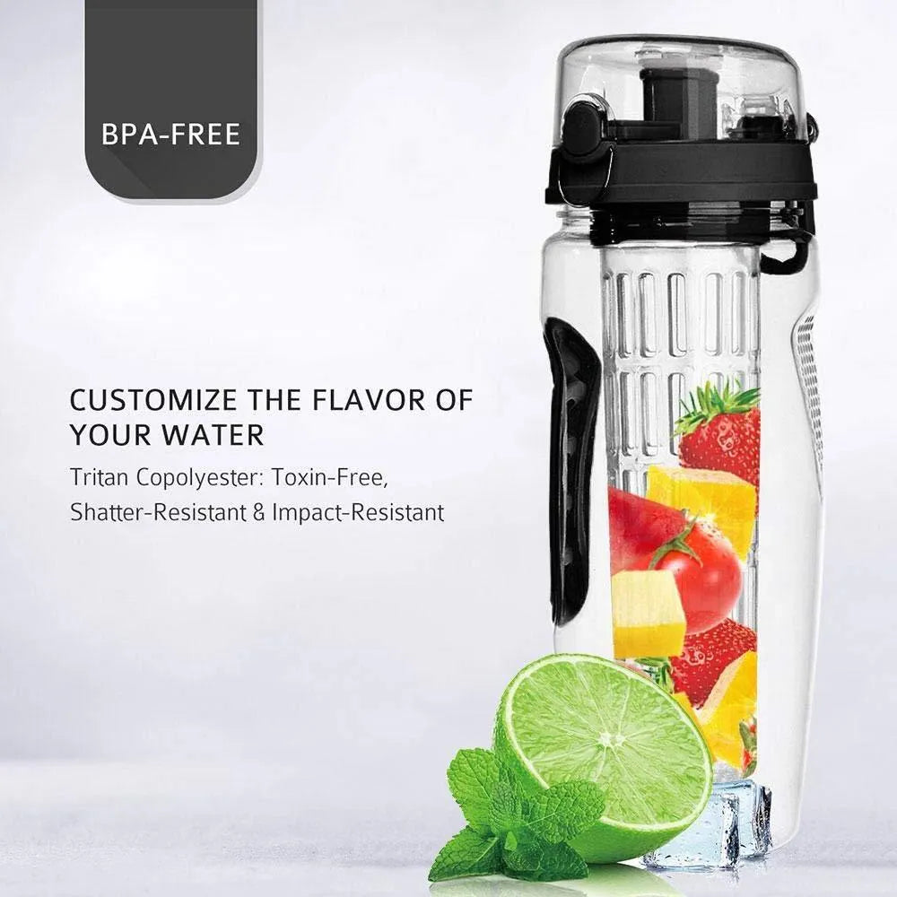 32oz Tritan fruit infuser water bottle with fruit cup, showing seven style options