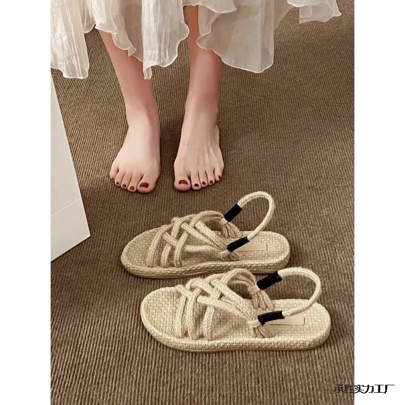 Braided hemp rope sandals in black or khaki, lightweight non-slip rubber sole, sizes 35-40